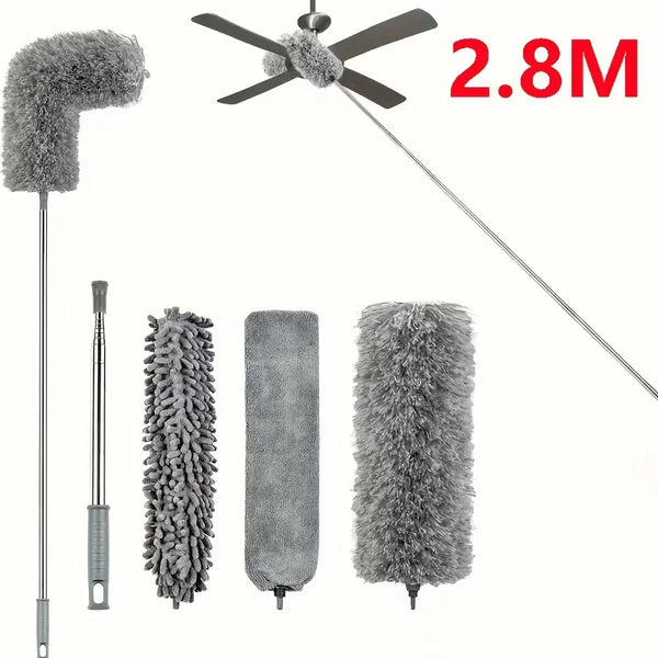 Extendable microfiber duster with a bendable handle and a large fan-shaped head.