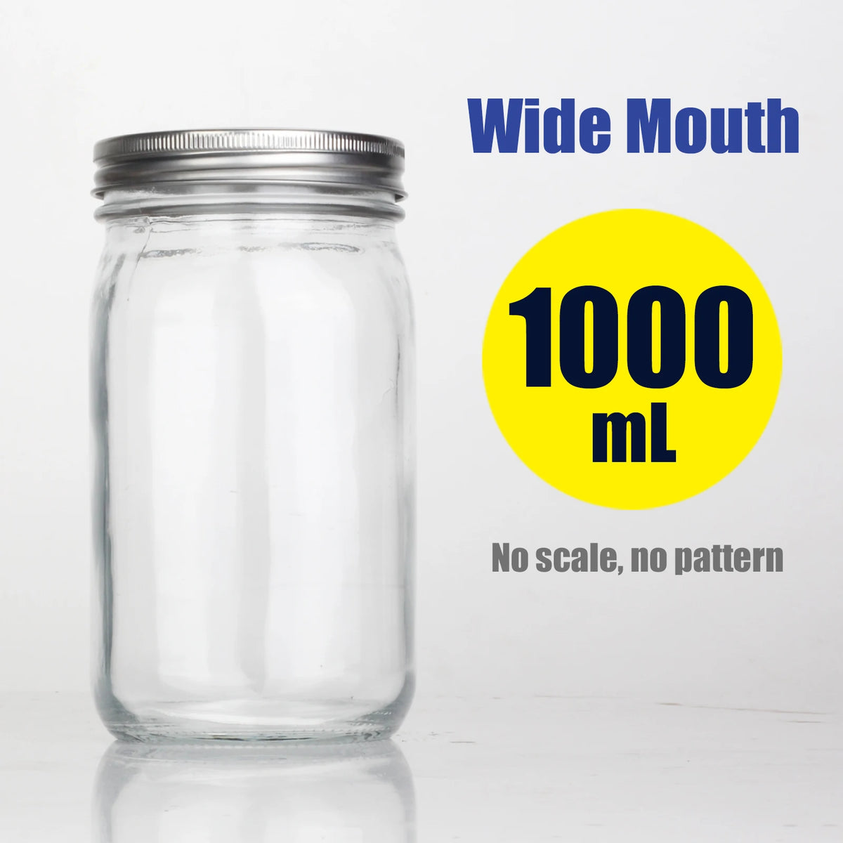 A clear glass mason jar with a wide mouth is shown next to text indicating 1000 mL capacity and no scale or pattern.