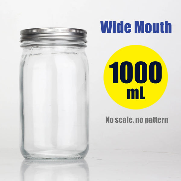 A clear glass mason jar with a wide mouth is shown next to text indicating 1000 mL capacity and no scale or pattern.