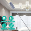A telescopic extendable duster pole with a fluffy head is shown in a bright bedroom setting.