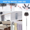 Extendable microfiber duster kit with pole showing various cleaning tools and application methods