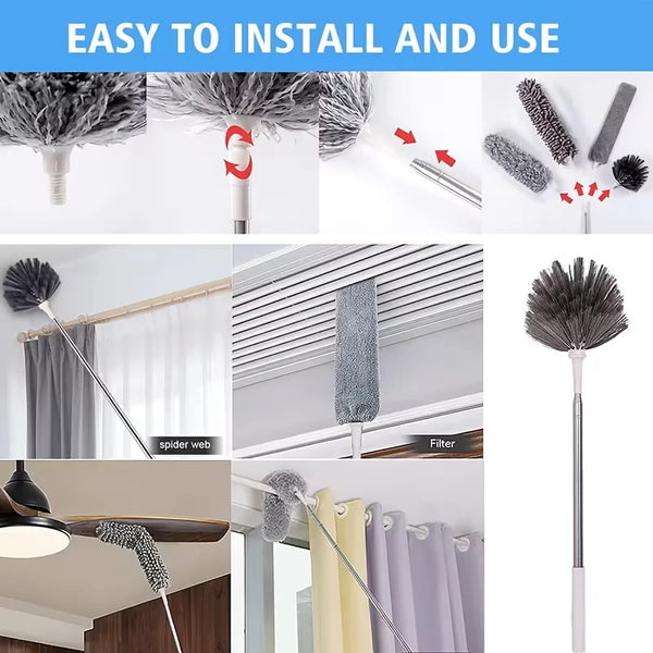 Extendable microfiber duster kit with pole showing various cleaning tools and application methods