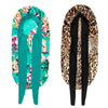 A satin sleep bonnet in teal and floral print is shown folded, next to a leopard print satin sleep bonnet.