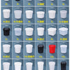 A grid showing various sizes and colors of plastic storage buckets, ranging from 350ml to 50L.