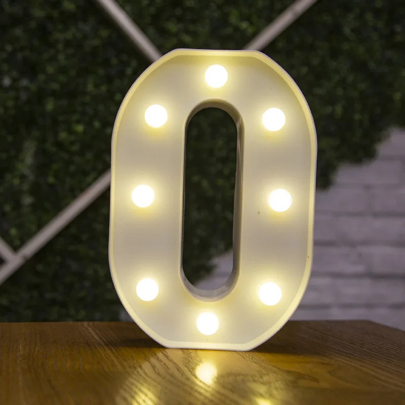 A glowing white number zero sign made of LED lights resting on a wooden surface.