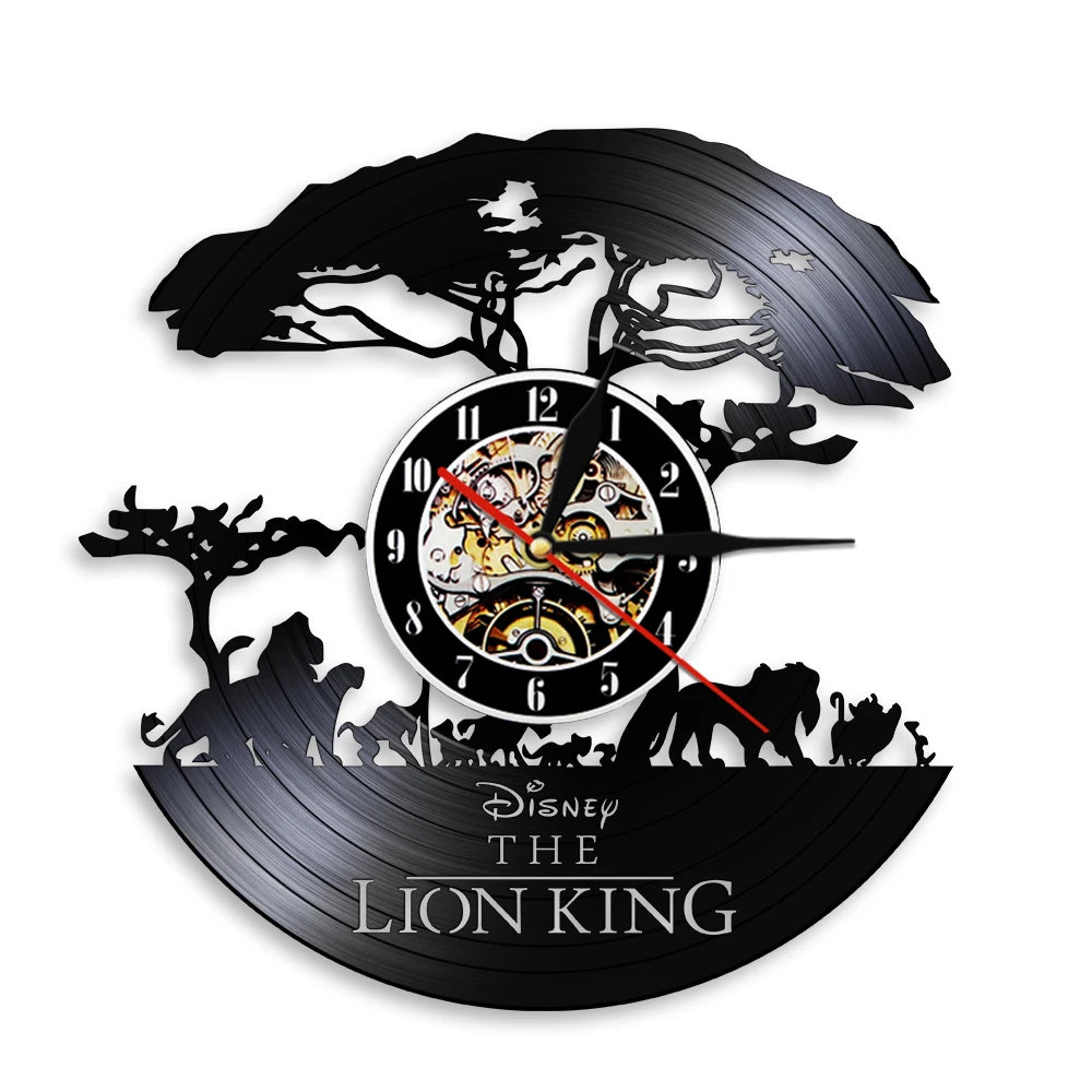 A black vinyl record wall clock featuring a silhouette of a lion and jungle foliage.