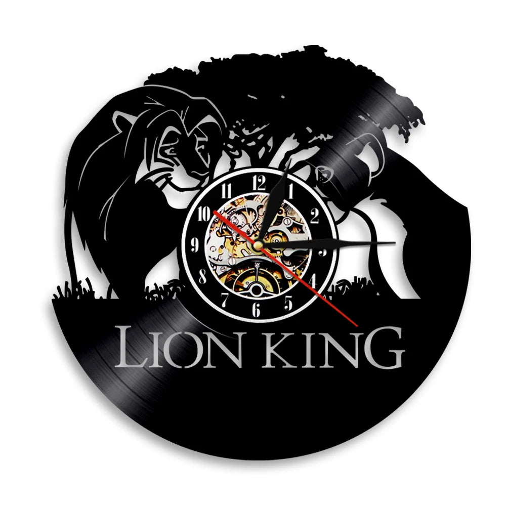 Black vinyl record wall clock featuring a lion's head silhouette and a clock face.