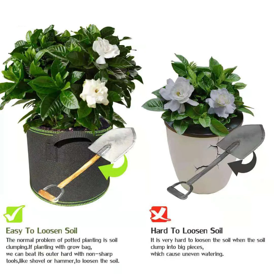 Two durable non-woven plant grow bags showing soil loosening techniques for potted plants.