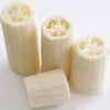 A set of natural loofah sponges in various cylindrical shapes and sizes.