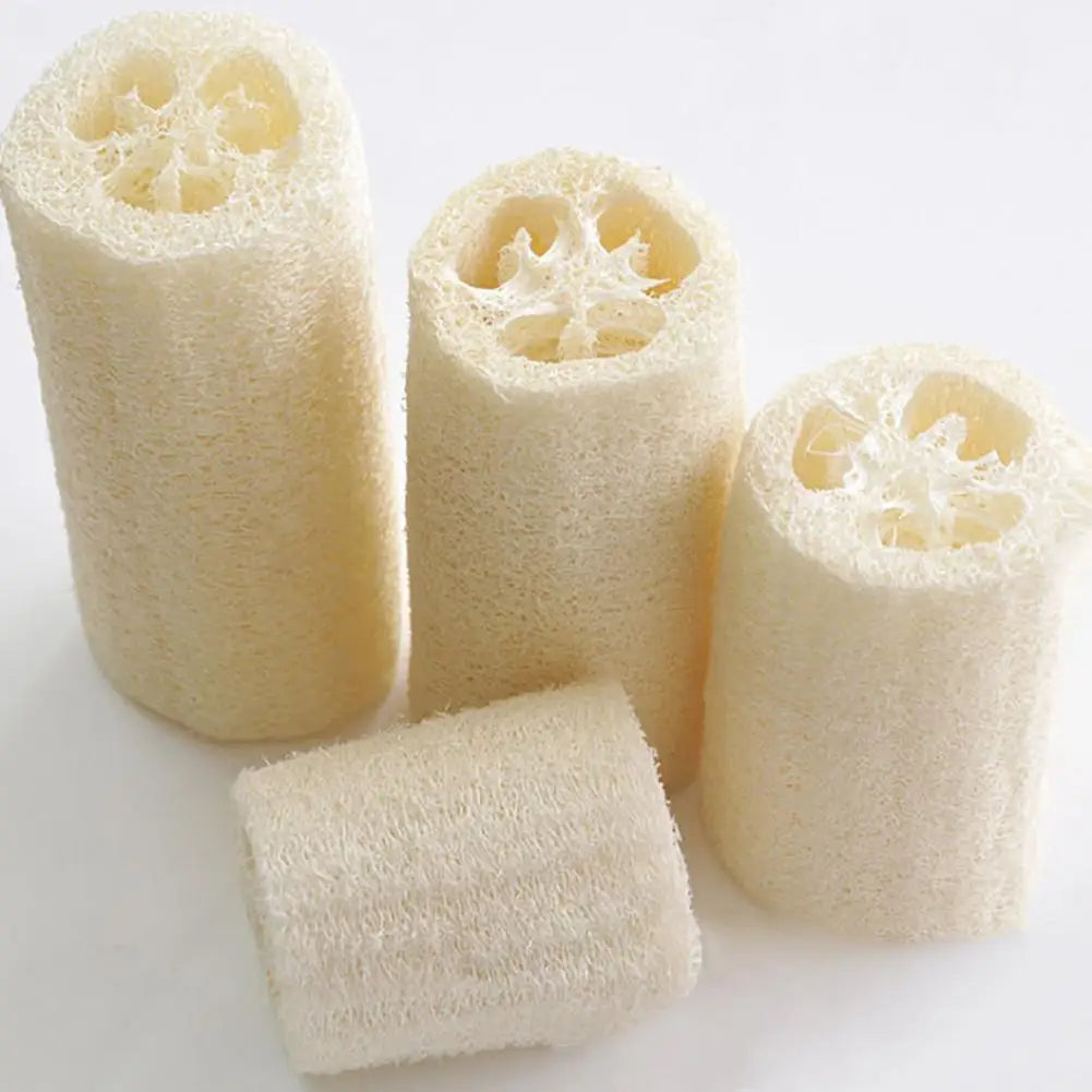 A set of natural loofah sponges in various cylindrical shapes and sizes.
