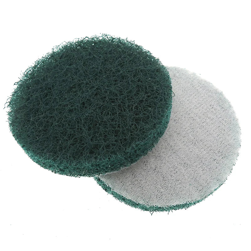 Two circular scouring pads, one dark green and one light gray, are shown overlapping.