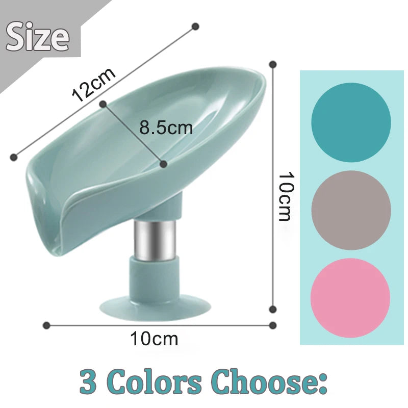 Leaf shaped suction cup soap dish shown in light blue and pink colors with dimensions.