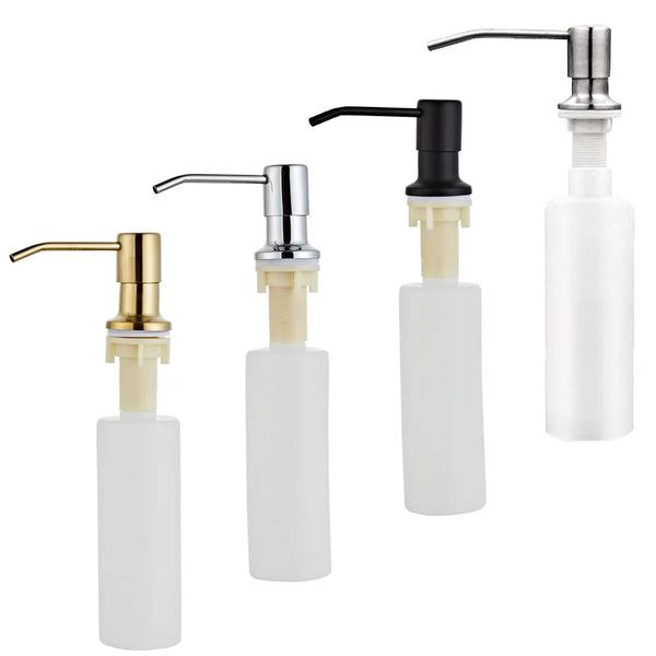A set of four stainless steel and plastic kitchen sink soap dispensers with various spouts.
