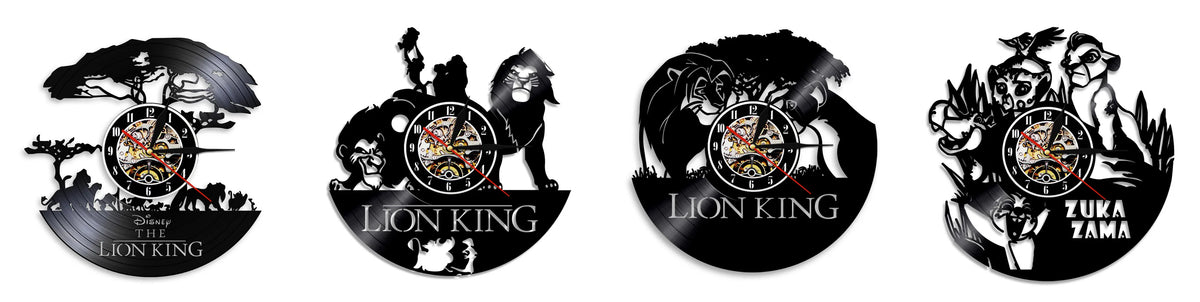 Four album covers featuring Lion King and Zuka Zama artwork on vinyl record wall clocks.