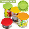 A collection of silicone reusable food storage lids and covers in green, yellow, and red.