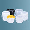 A set of four leakproof food grade storage buckets in white and black plastic are displayed on a blue-gray background.