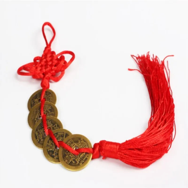 Handmade red knot feng shui coins for prosperity on a string