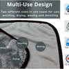 A close-up view of a gray microfiber towel showing multiple uses for car washing, drying, waxing, and detailing.