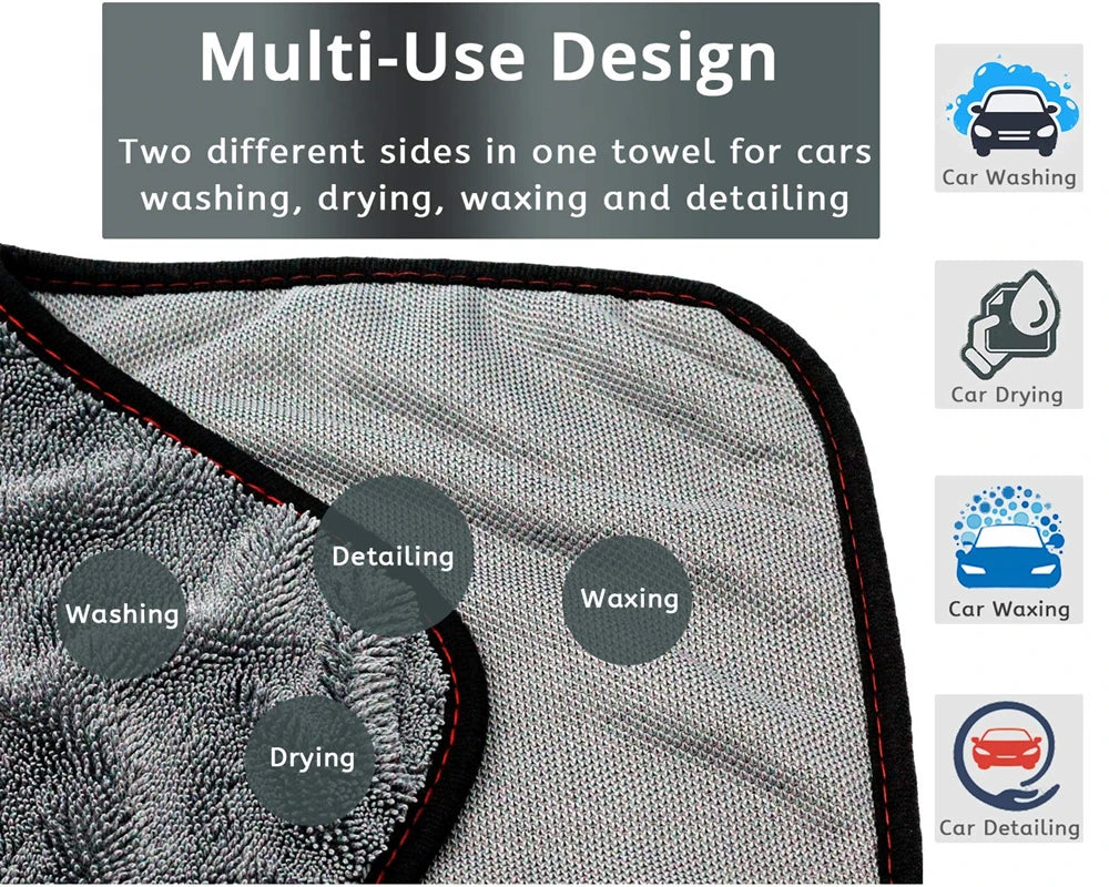 A close-up view of a gray microfiber towel showing multiple uses for car washing, drying, waxing, and detailing.