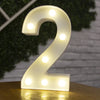 A glowing white LED light shaped like the number 2, mounted on a wooden surface.