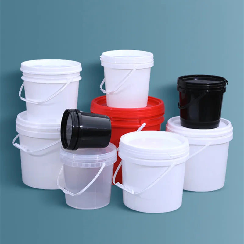 A set of five leakproof food grade storage buckets in white, black, and red plastic containers.