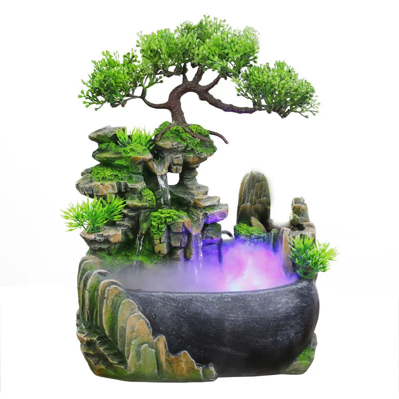 A resin water fountain featuring a mossy rock structure and a green tree, with purple water flowing into a basin.