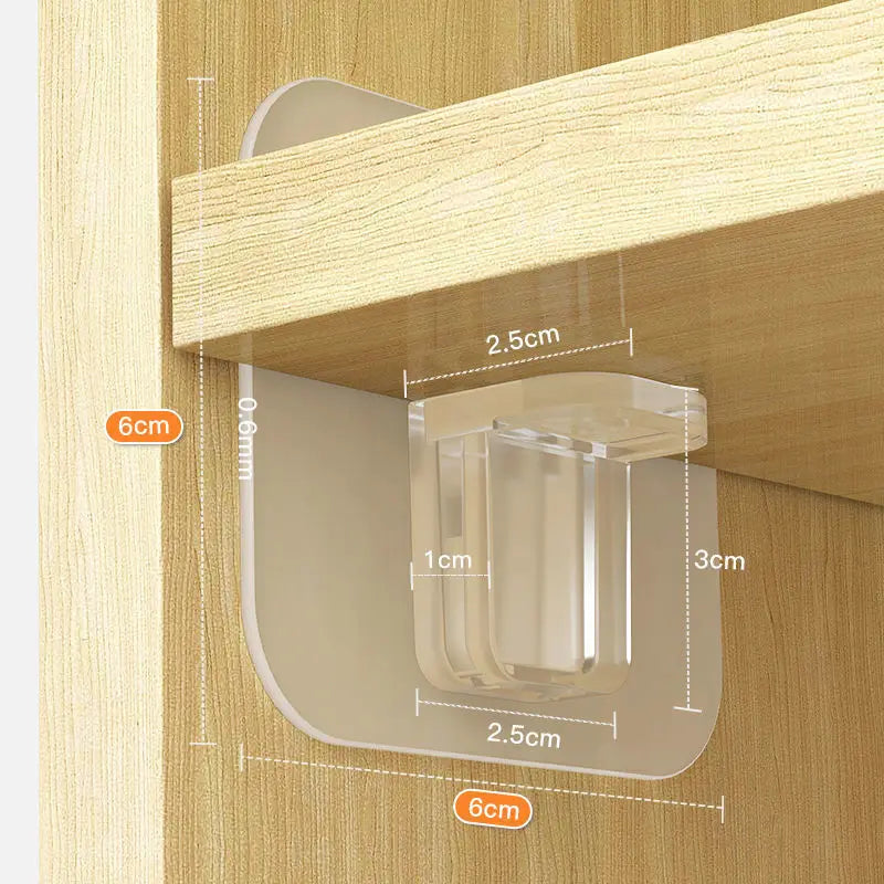 A close-up view of adhesive shelf support pegs mounted on a wooden cabinet interior, showing their dimensions and installatio