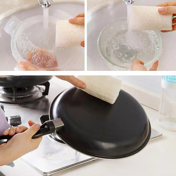 A set of natural loofah sponges being used for cleaning and bathing tasks.