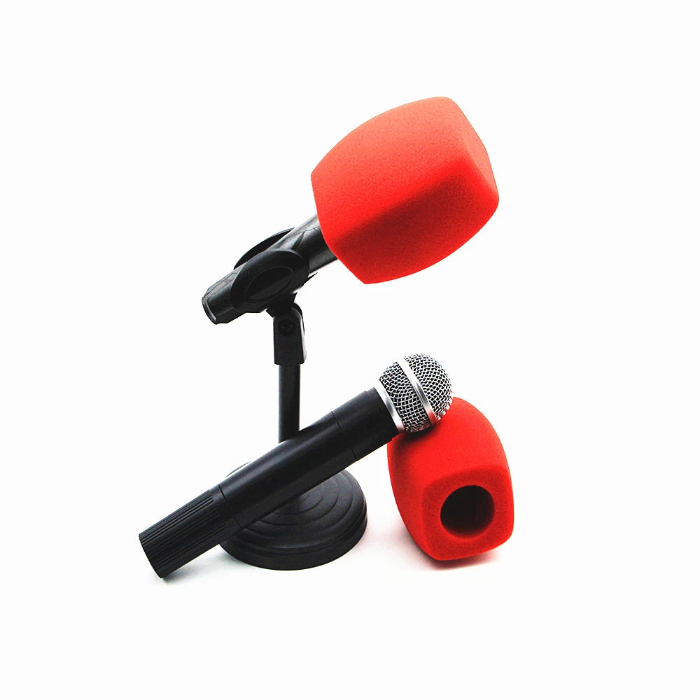 A red foam windscreen attached to a microphone, shown against a white background.