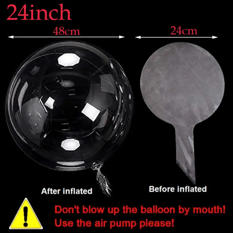 A comparison showing a clear latex balloon inflated and deflated, with instructions to use an air pump.