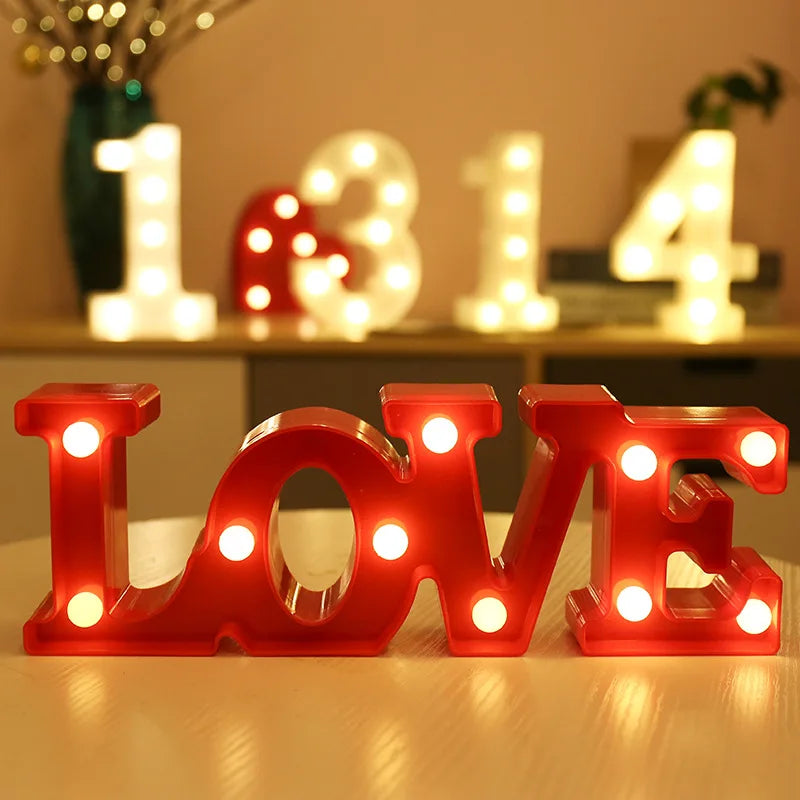 Red alphabet and number LED lights spelling out LOVE