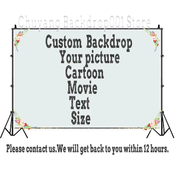 A blank fabric backdrop is displayed on a stand, with text offering custom backdrop services.