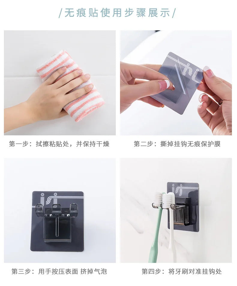 Four steps demonstrating how to use the multi-use wall mounted cup and toothbrush organizer.