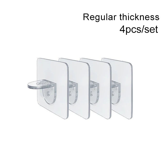 Four regular thickness clear adhesive shelf support pegs sold as a set