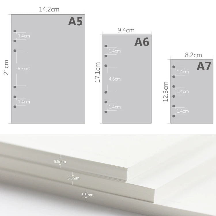 Three sheets of A5, A6, and A7 paper sizes are shown next to a profile view of a binder or folder.