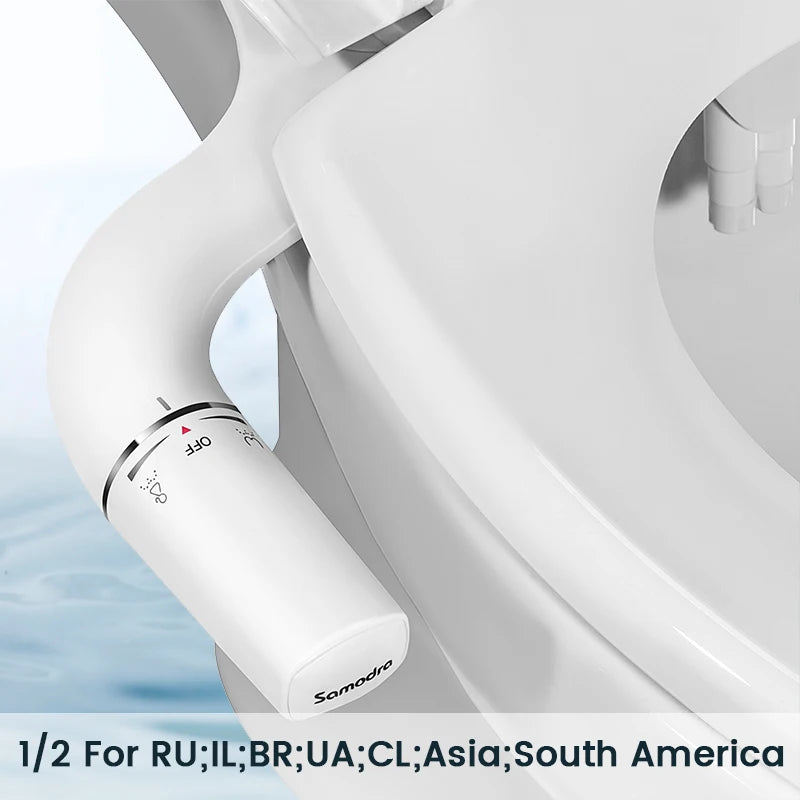 A white ultra-slim dual nozzle bidet attachment is shown in a close-up view against a white toilet fixture.