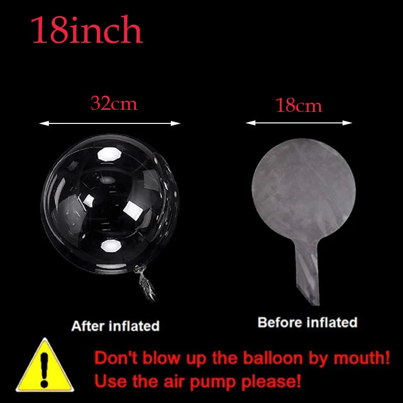 Comparison of an inflated clear latex balloon and its deflated state, showing size differences.