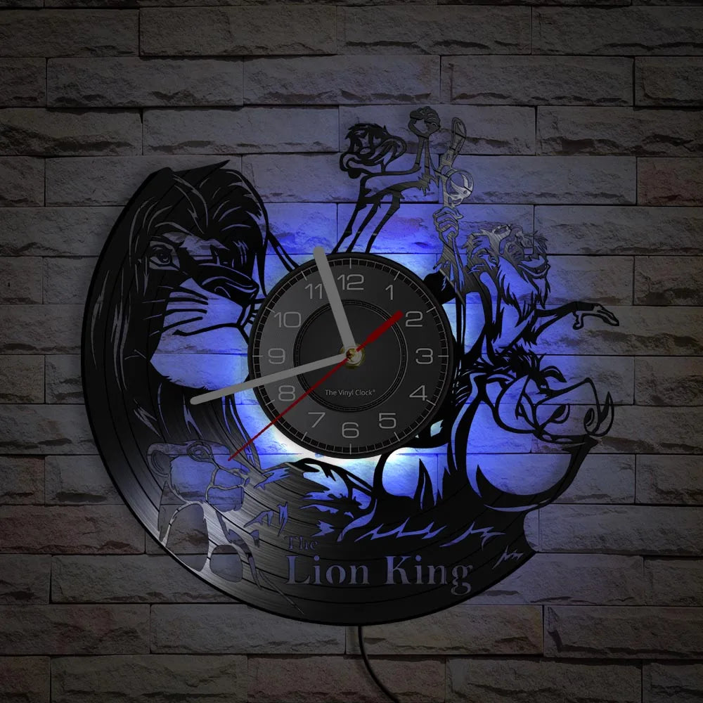A wall clock featuring a dark lion head and skeletal figures, with a blue glow effect.