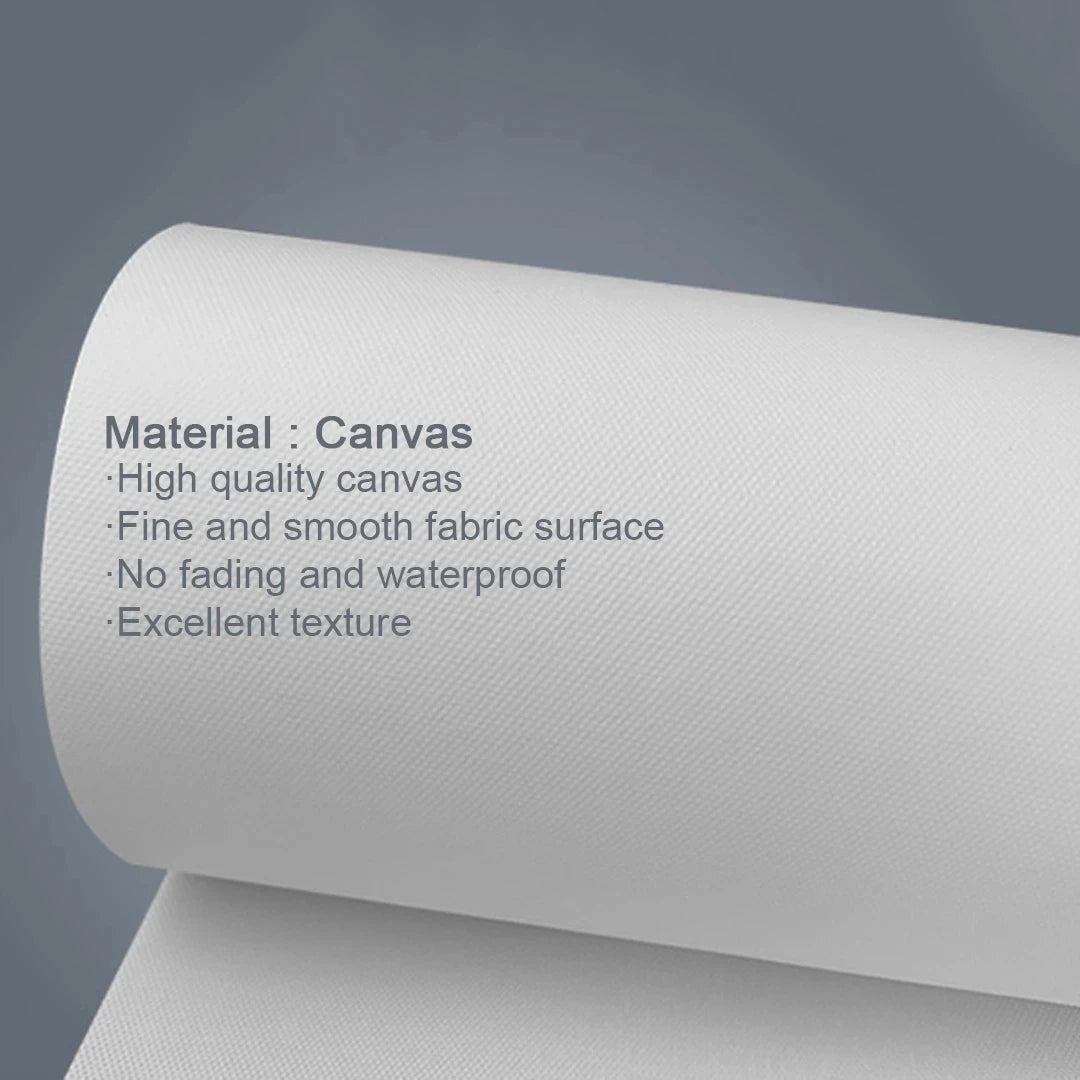 Roll of white canvas material with text describing its quality and features.