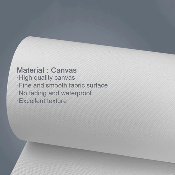 Roll of white canvas material with text describing its quality and features.