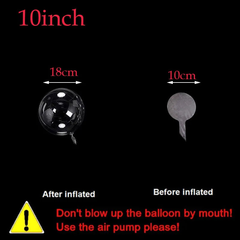 A set of clear latex balloons shown in comparison with measurements and an air pump warning.
