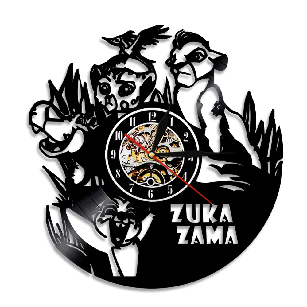 A black vinyl record wall clock featuring a stylized animal design and a clock face.