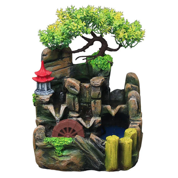 A resin water fountain featuring a mossy rock structure with a green tree and a red pagoda.