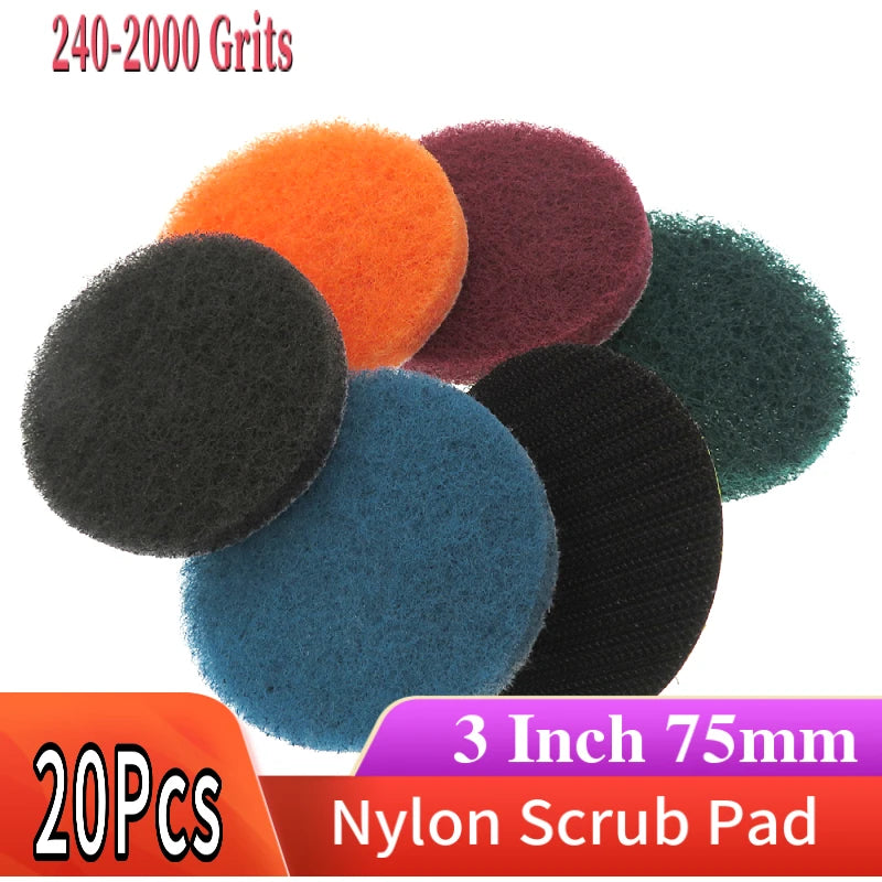 A collection of twenty 3 inch nylon scrub pads in various colors including orange, maroon, black, and blue.