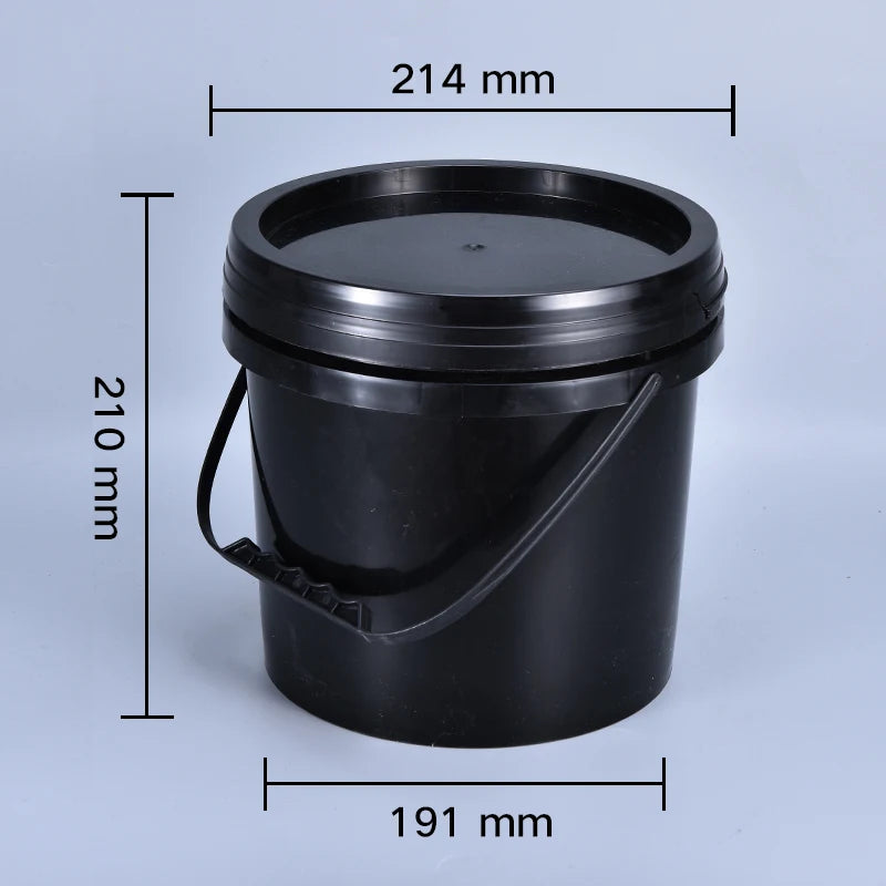A black leakproof food grade storage bucket with a lid, shown in a side view.