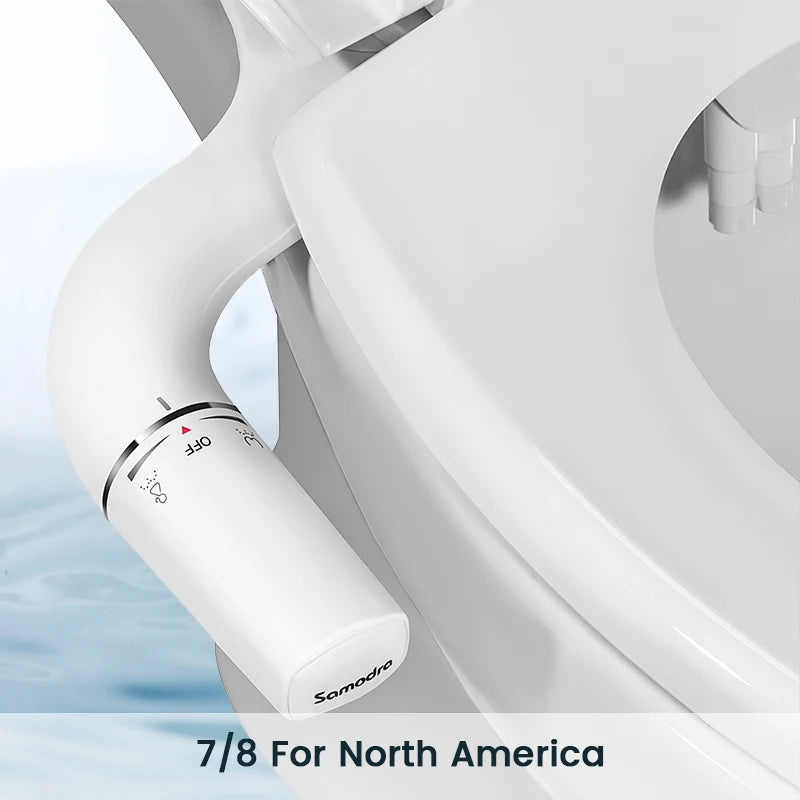 A white ultra-slim dual nozzle bidet attachment is shown in a close-up view, highlighting its design and features.