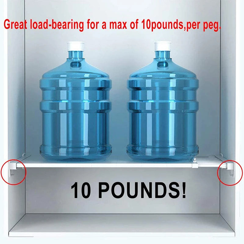 Two clear blue glass bottles are supported by adhesive shelf pegs inside a cabinet or closet.