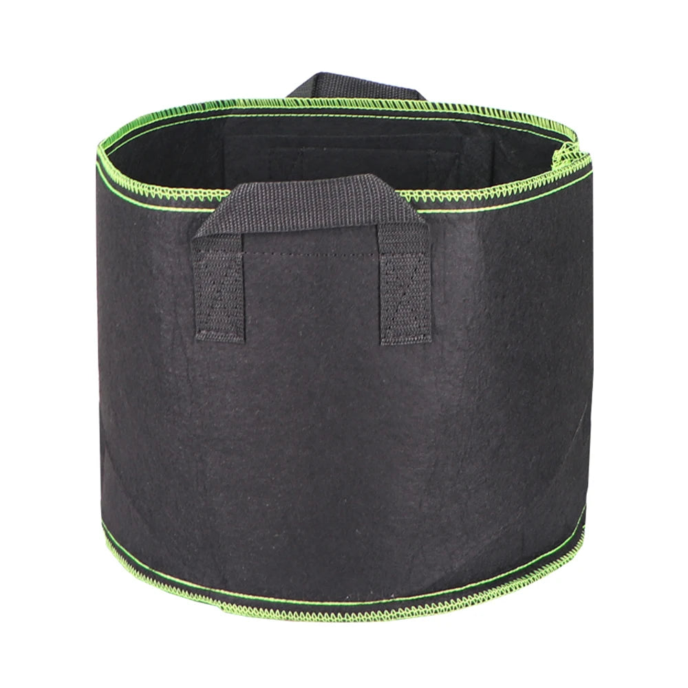 A black non-woven plant grow bag with a lime green rim and a fabric closure.