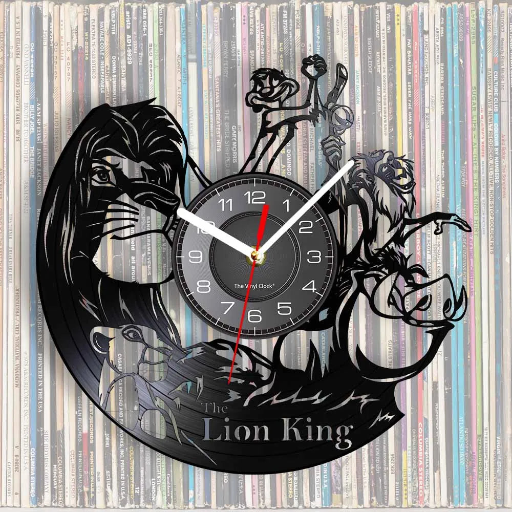 A black vinyl record wall clock featuring a silhouette of a lion king and a crown against a background of records.