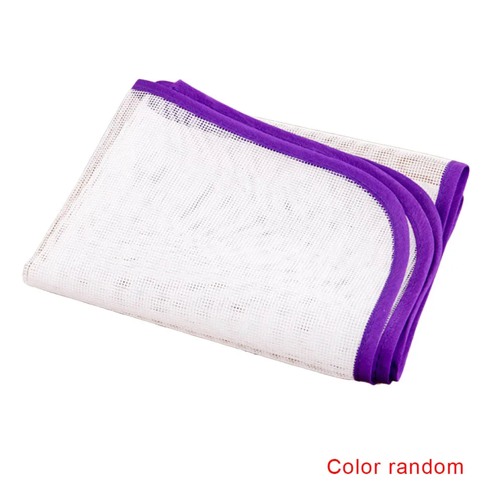 A white ironing cloth with purple trim is shown folded and laid flat.